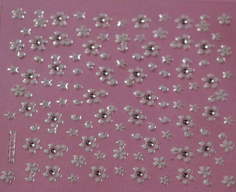 3D Nail Stickers Beautiful White Flowers with Crystals (price is for 2 pcs)