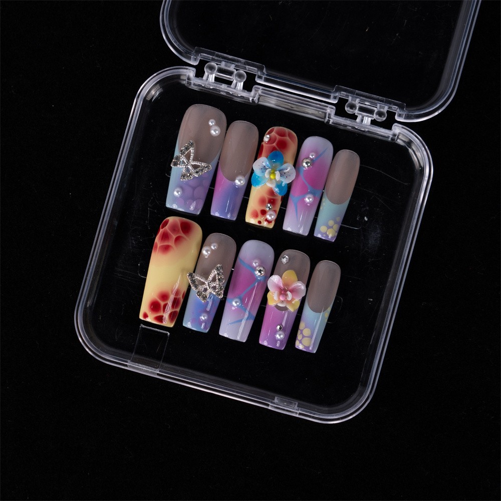 Handmade Press On Nails High Quality Rainbow Gradient Floral Long Coffin Nails