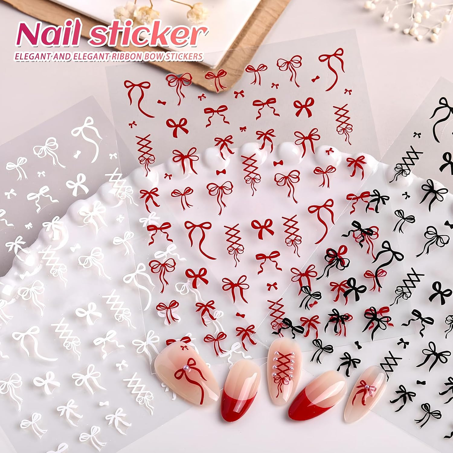 4Pcs Bow Nail Art Stickers Black White Red Gold Nail Decals Cute Ribbon Nail Sti