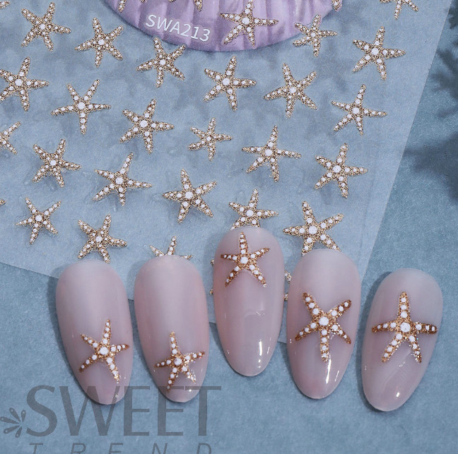 2pcs 3D Summer Ocean Style Glitter Star Nail Stickers Silver Gold Star Design S8