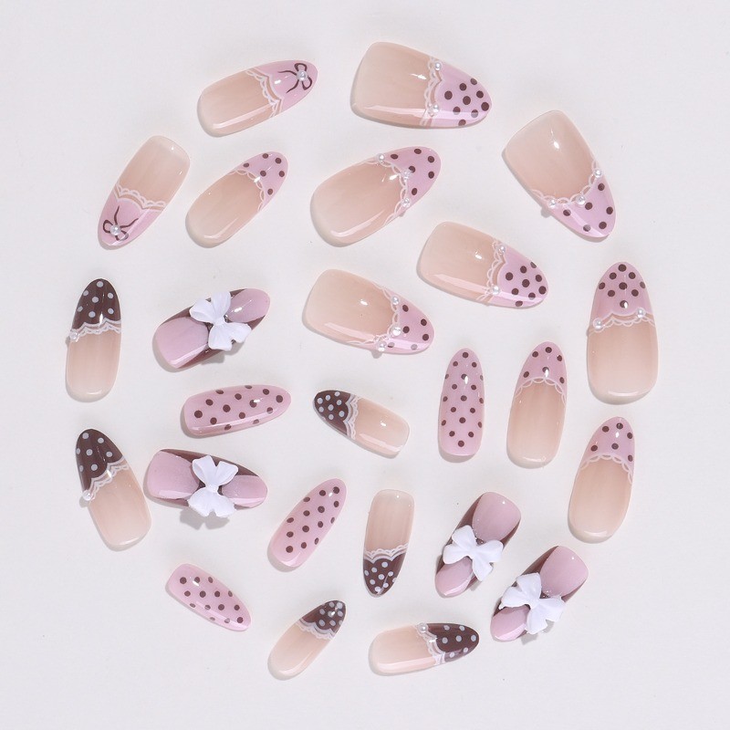 24Pcs Sweet Pink French Press on Nails Brown Polka Dots 3D White Bow Almond Nail