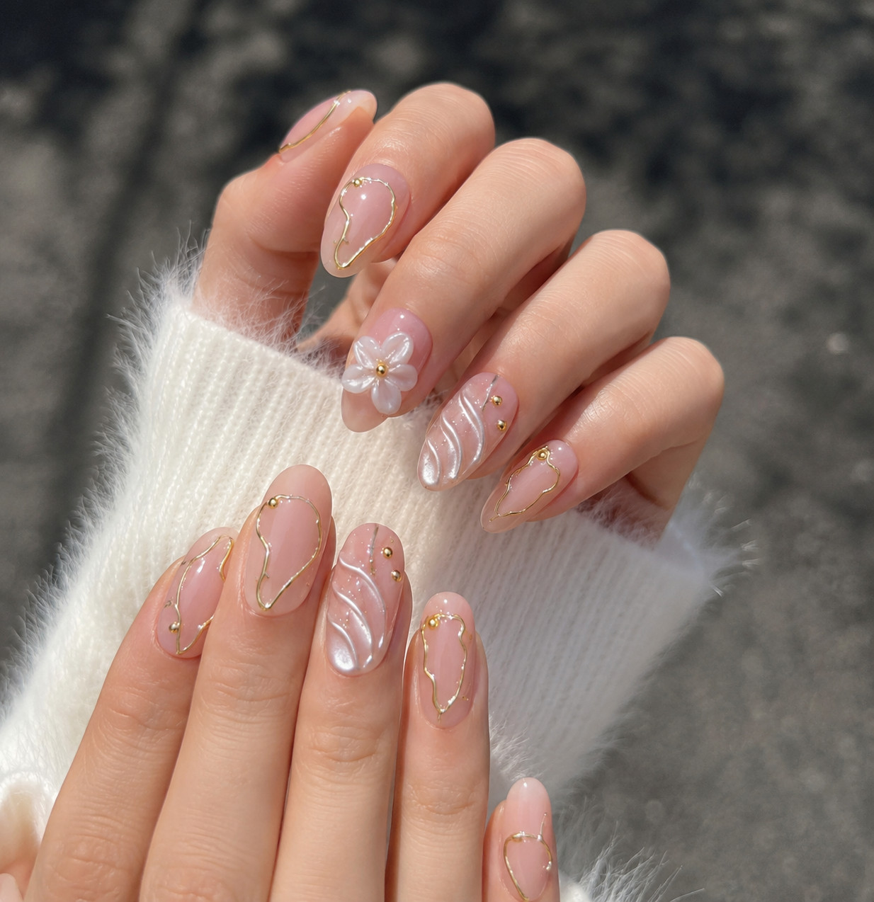 3D Flower Almond Press On Nails Handmade Cat Eye False Nails Pink Nude Fl