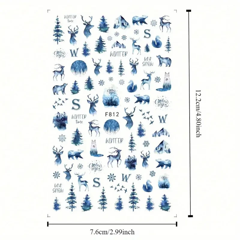 Nail Art Stickers Decals Winter Blue Forest Deer Snowflake Xmas 3D DIY