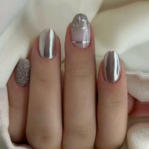Short Oval Press on Nails Silver Metal Mirror Chrome Fake Nails 92-13Silver