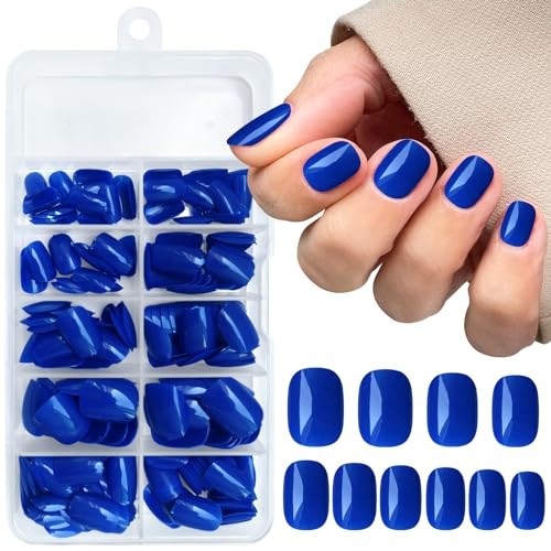 Short Press on Nails Square Round Short Fake Nails Glossy Full Royal Blue