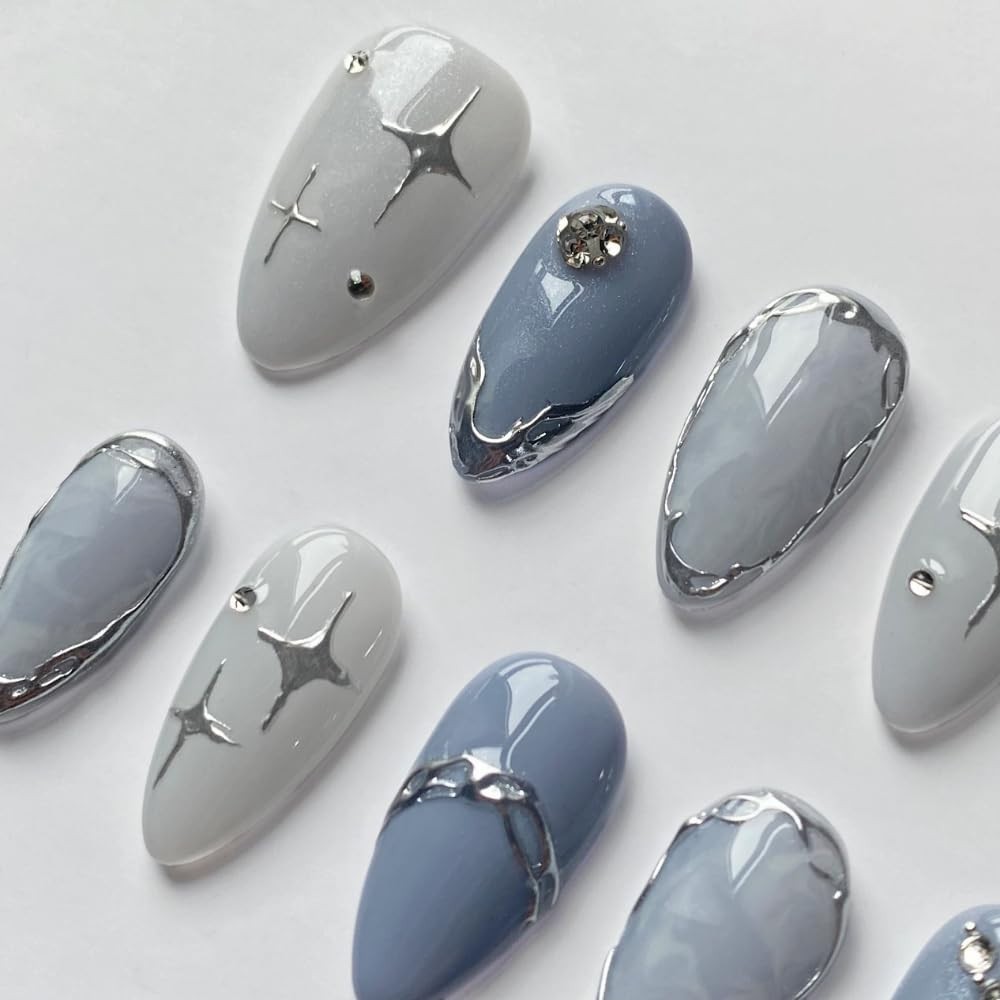 Handmade 3D Press On Nails – Short Almond Shape, 10 Pcs Reusable ABS, French Des