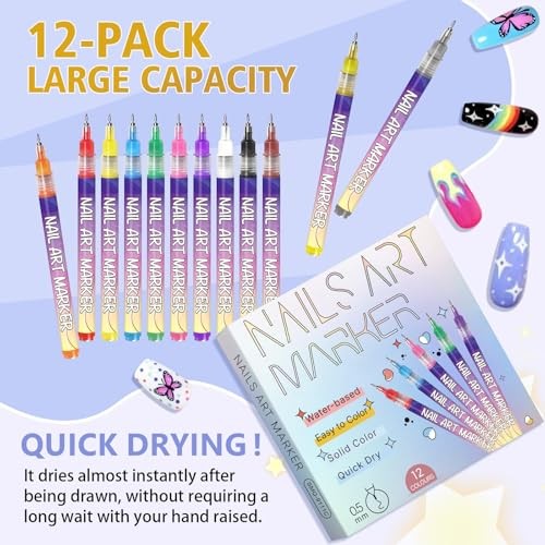 12pcs Nail Art Pens Set 0.5mm Fine Tip Quick-Drying Waterproof Colors