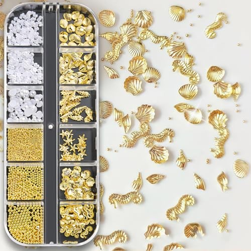 Summer Nail Charms 3D Steel Studs Metal Art Charms Pearls Seashell white