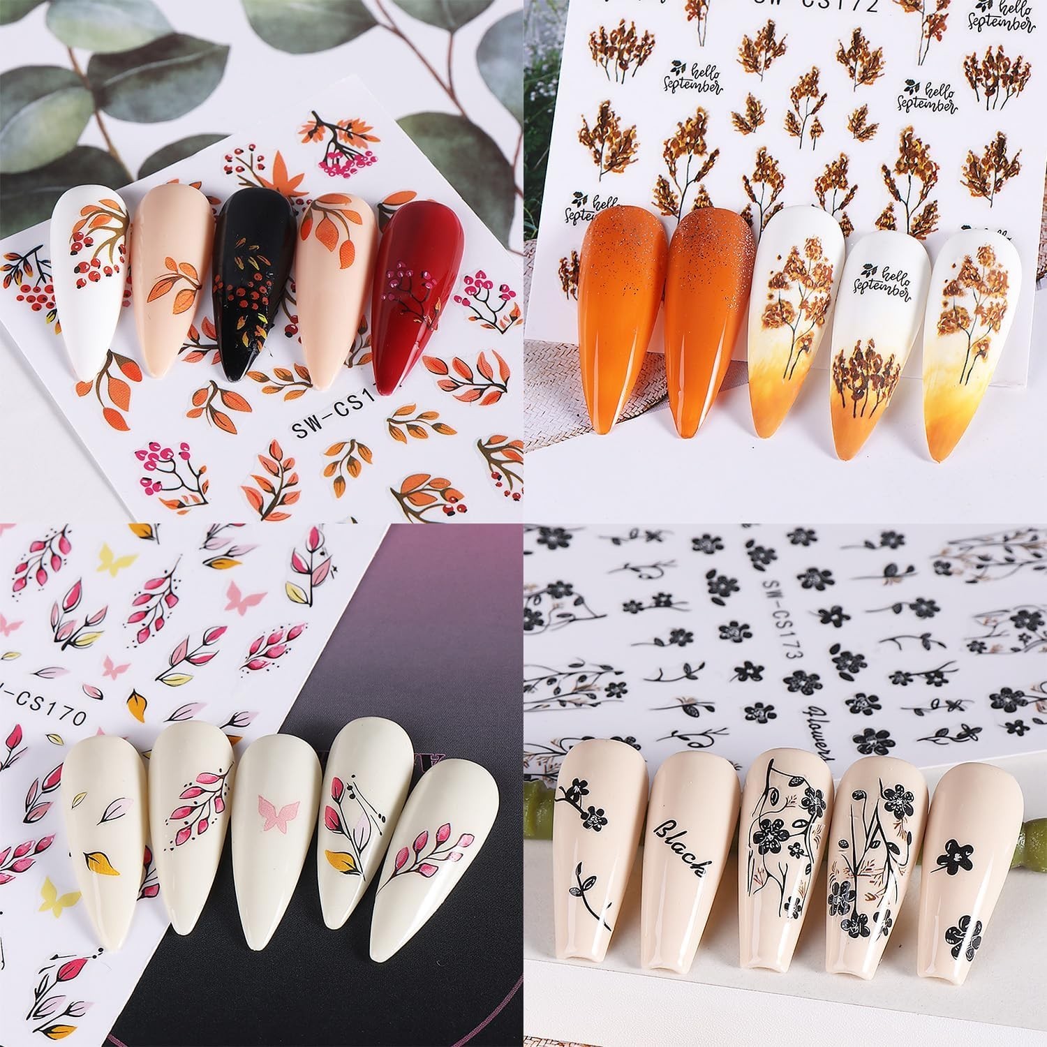 6 Sheets Fall Nail Stickers for Nail Art Black Flower Pine Nail Art Stickers …