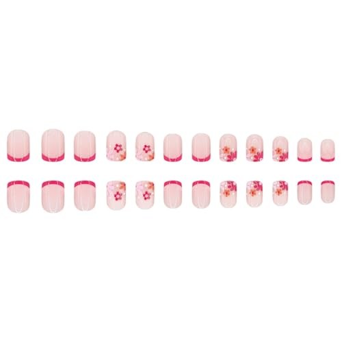 Red French Tip Press on Nails Flowers Design Short Square Fake Nails Style-40