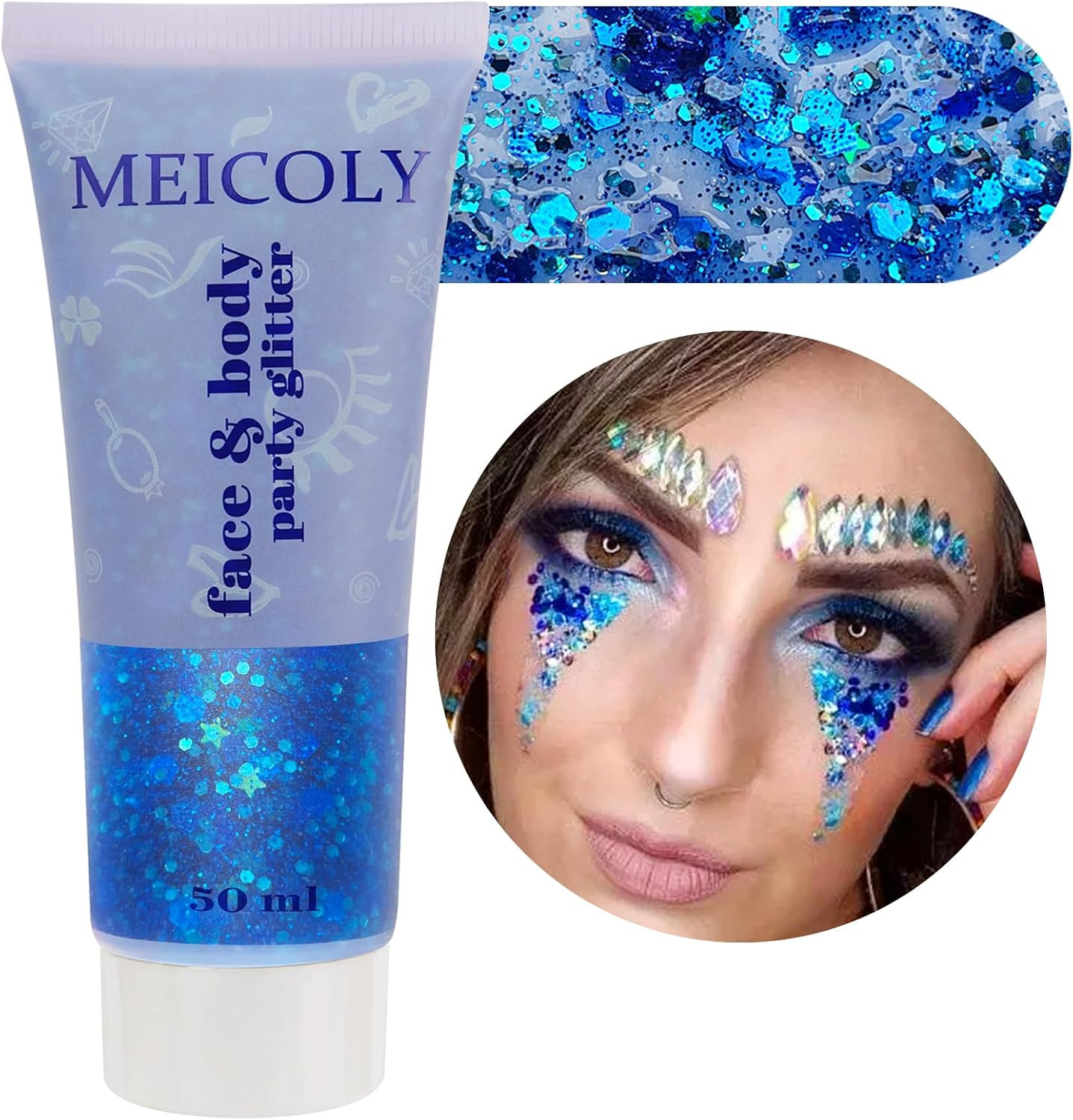 50Ml Holographic Blue Face Glitter Gel,4Th of July Body Glitter Outfits for Wome