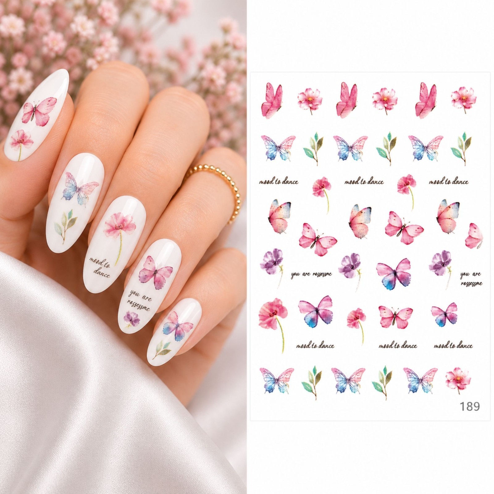 Pink butterfly Water Transfer Nail Sticker Green Leaf Nail Art Decal Manicure