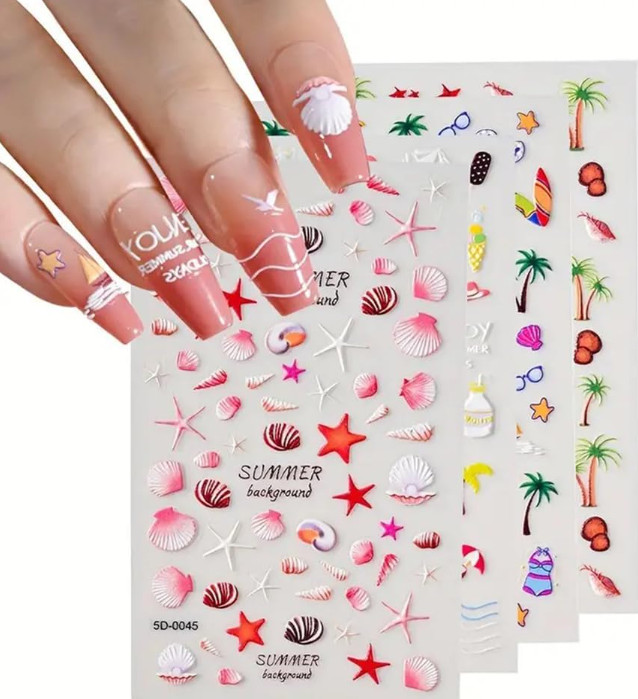Summer 5D Embossed Ocean Nail Art Stickers AZTSYT Starfish Seashell Coconut NH27