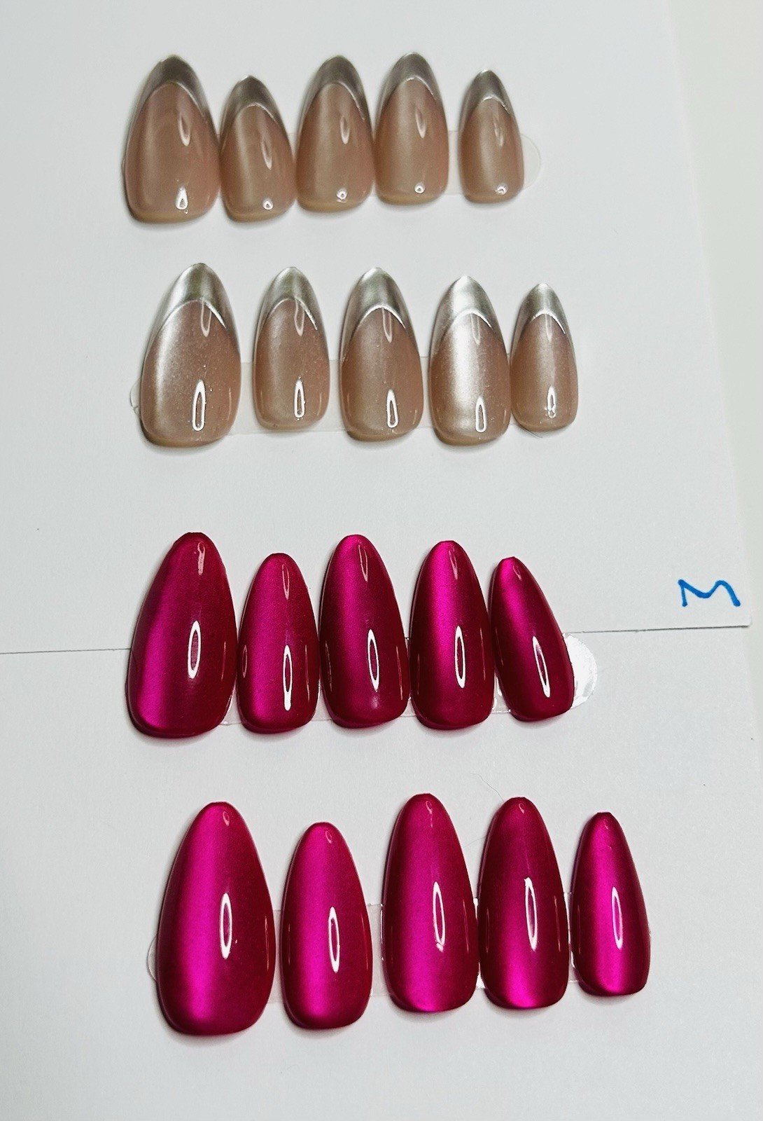 Lot of 2 Almond 10pc Handmade Cat Eye Pink And SilverPress-On Nails size *Medium