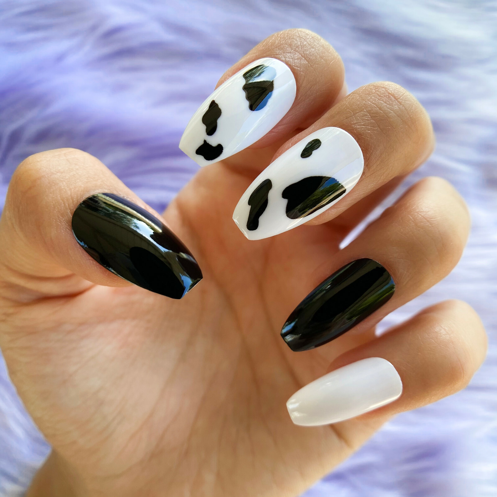 Cow Print Pattern Nails – Medium Square Press Ons -Glue On False Set -24 pcs Kit