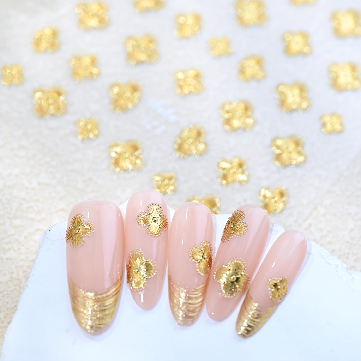 5D Embossed Gold Nail Stickers Star Nail Stickers for Nail Art with Pink Gemston