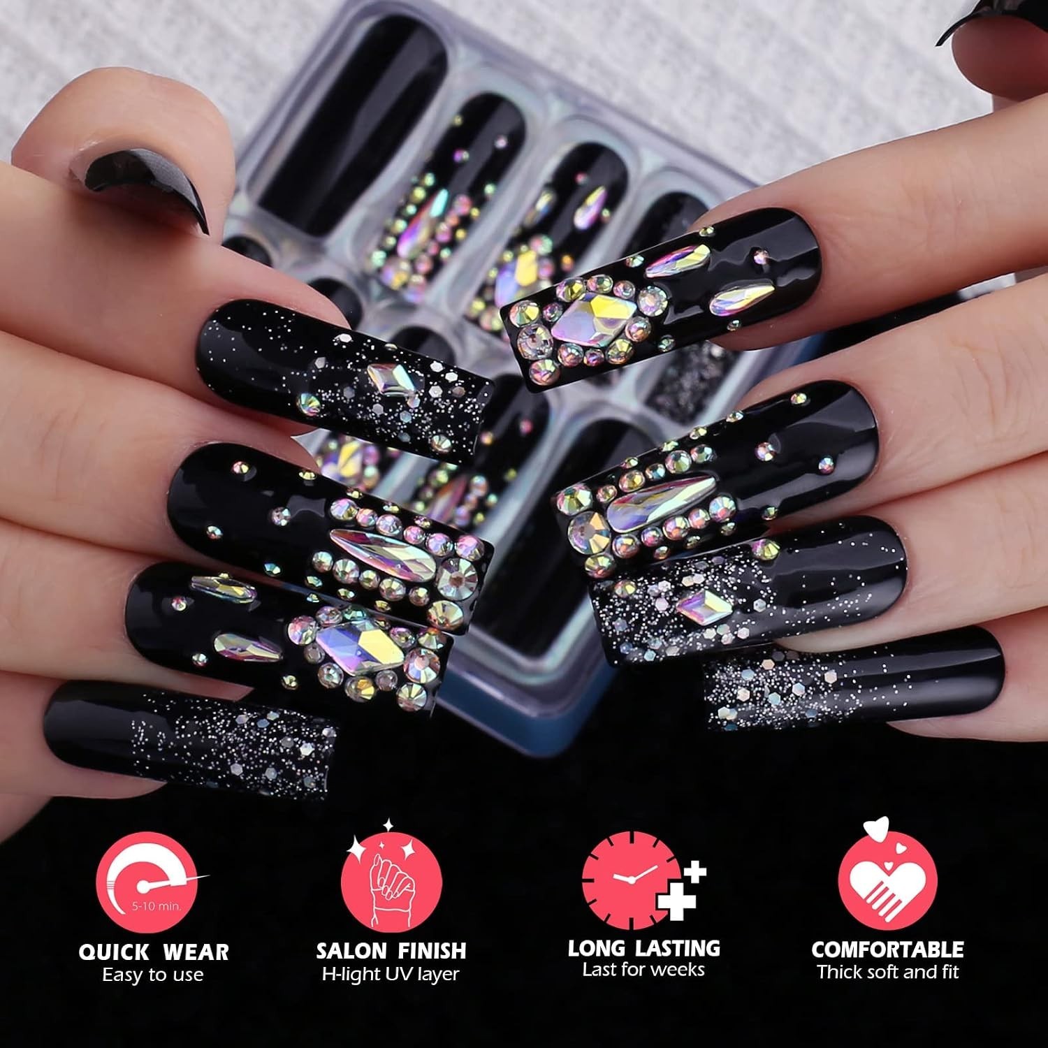 Comfortable Long Square Black Glitter Nails – Effortless Glam for Every Occasion