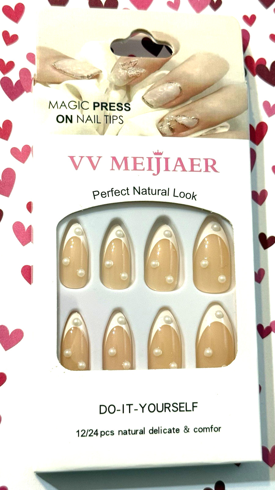 VV Meijiaer Magic Press On Nails Natural Look NUDE with WHITE FRENCH TIP & PEARL