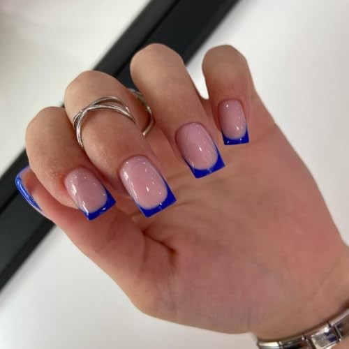 30 Pcs Royal Blue French Tip Press on Nails – Short Square – Square Royal Blue