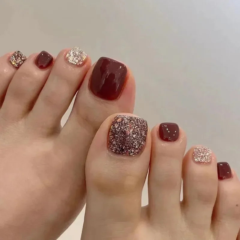 24pcs French Toe Nails:Glitter Diamond Short Press on Toenails