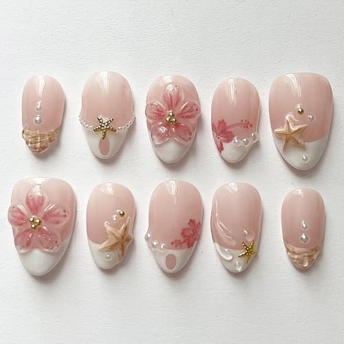 30Pcs Short Almond Press On Nails, White French Tips with 3D Pink Flower-15