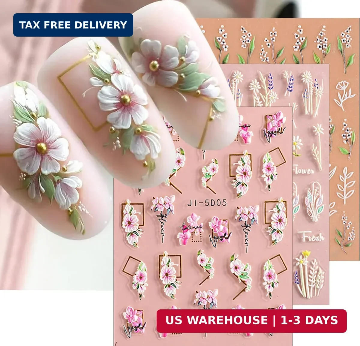 3D Embossed Flower Leaves Nail Art Stickers Decals 4 Sheets 5D Self-Adhesive Peg