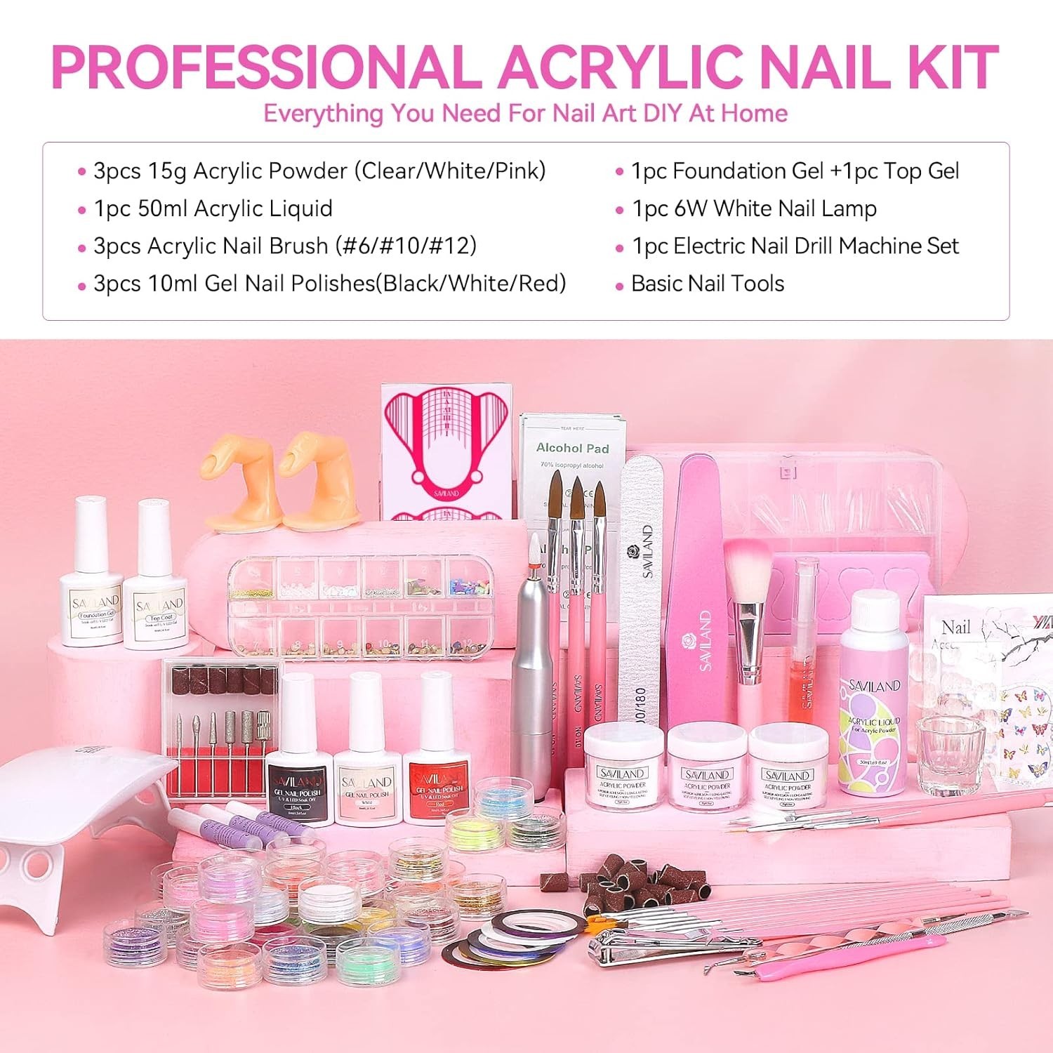 Saviland Acrylic Nail Kit: Complete Drill, UV Light & Tools for Home Nail Art
