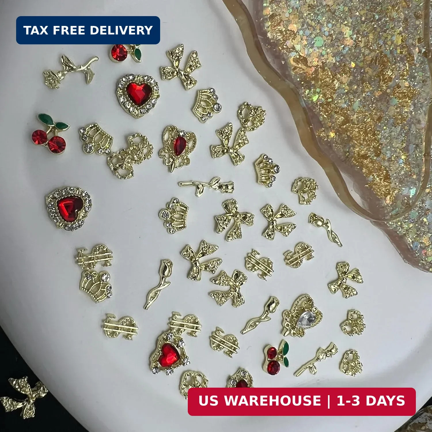 85 Pcs 3D Gold Nail Charms Y2K Bulk Nail Art Decor Set Nail Charms and Gems Incl