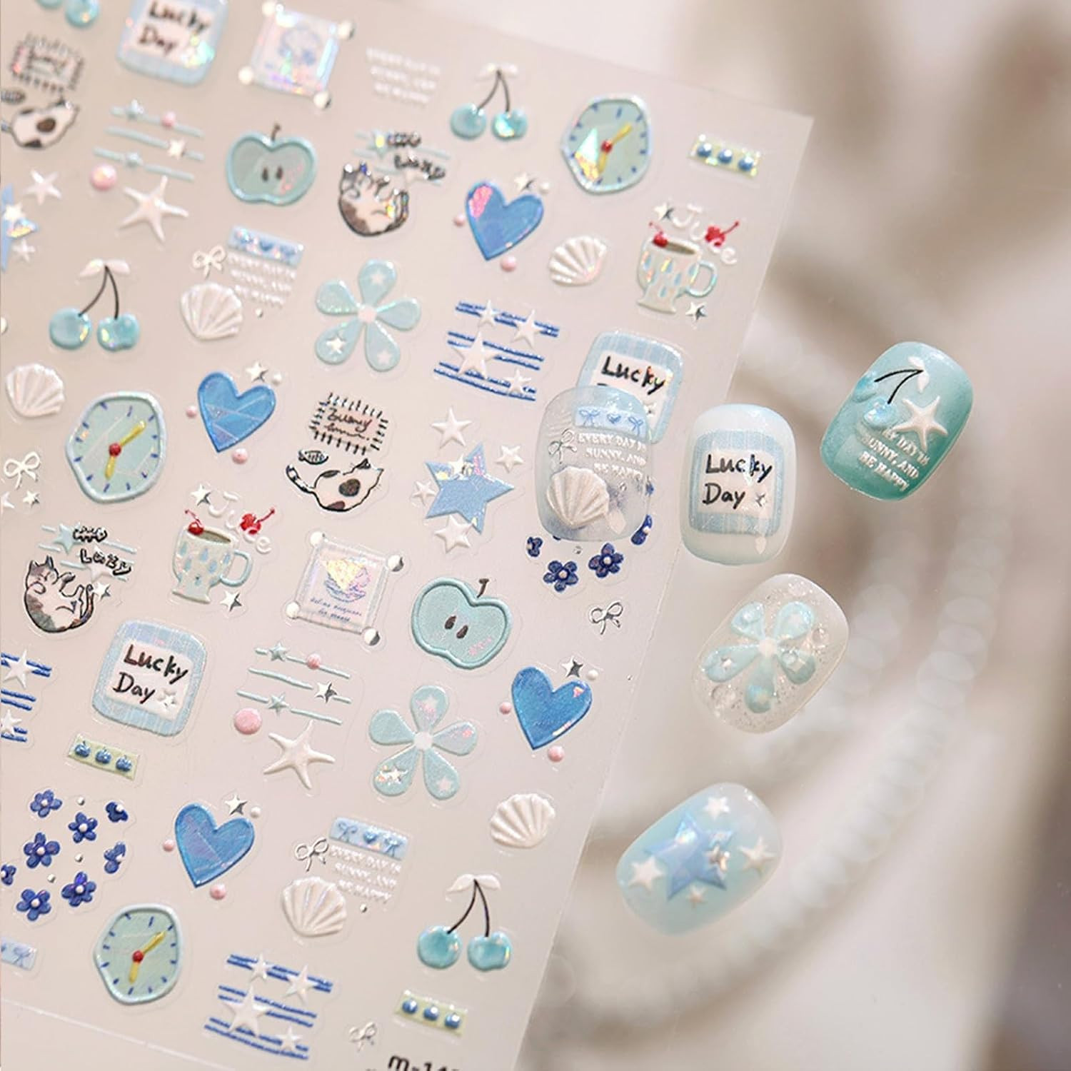 Blue Nail Art Stickers Heart Clock Nail Decals Summer Nail Stickers 1Sheets | Cu