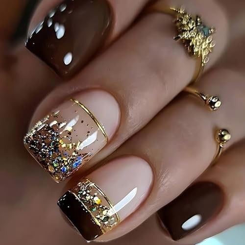 Press on Nails Short Length False Nails with Gold Foil Design Brown French