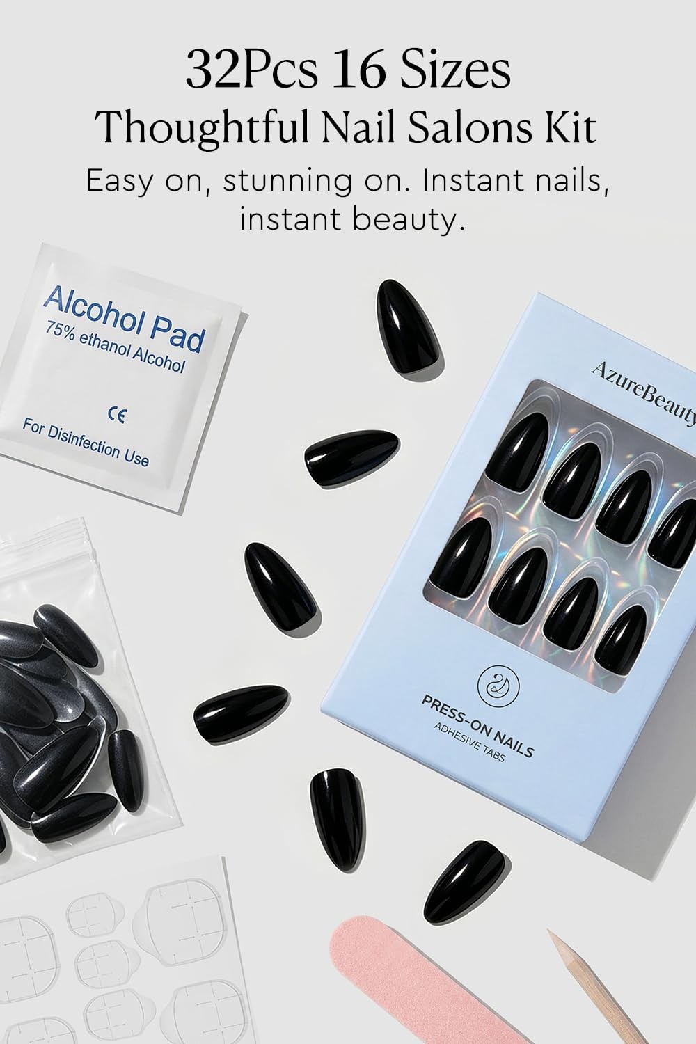 AZUREBEAUTY Short Almond Press On Nails Black