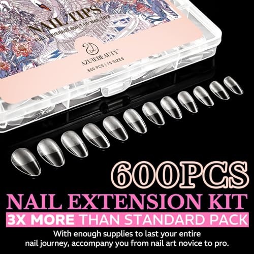 AZUREBEAUTY Almond Nail Tips, 600pcs Pre-Etched Soft Gel Nail Extensions for