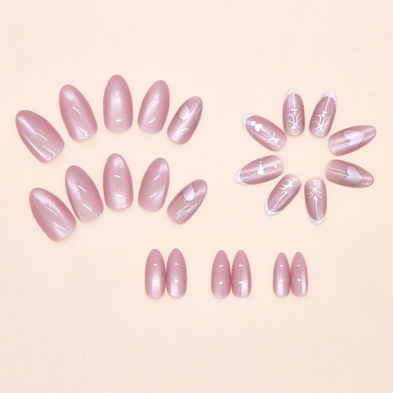 72Pcs-Pink Chrome Heart Bow French Almond Press on Nails Silver Sequins Fake Tip