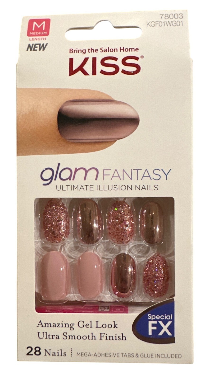 Kiss Glam Fantasy 28 Nails Medium Oval Shiny+Chrome+Glitter Pink+Bronze+Fuchsia