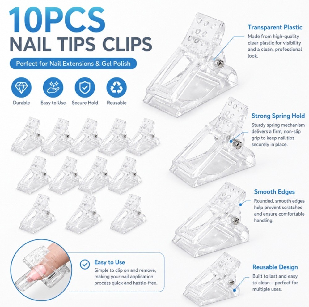 10-Piece Quick Building Nail Tips Clip Set for Poly Builder Gel DIY Extension