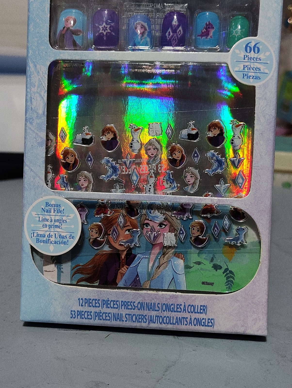 66 Piece Disney Frozen Nail Set~12 Press-On Nails & 53 Nail Stickers, New In Box