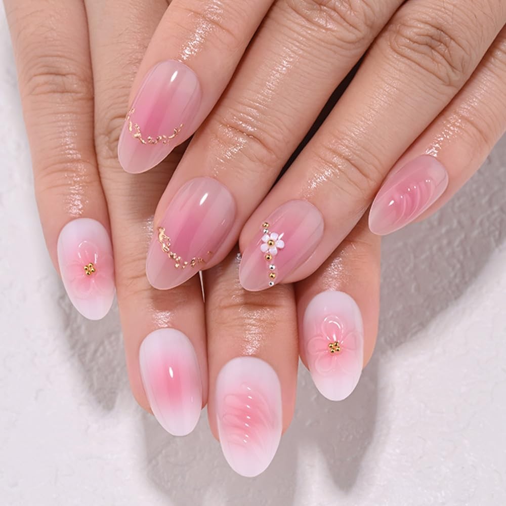 evpct Nude Pink Pearl Short Almond Press On Nails
