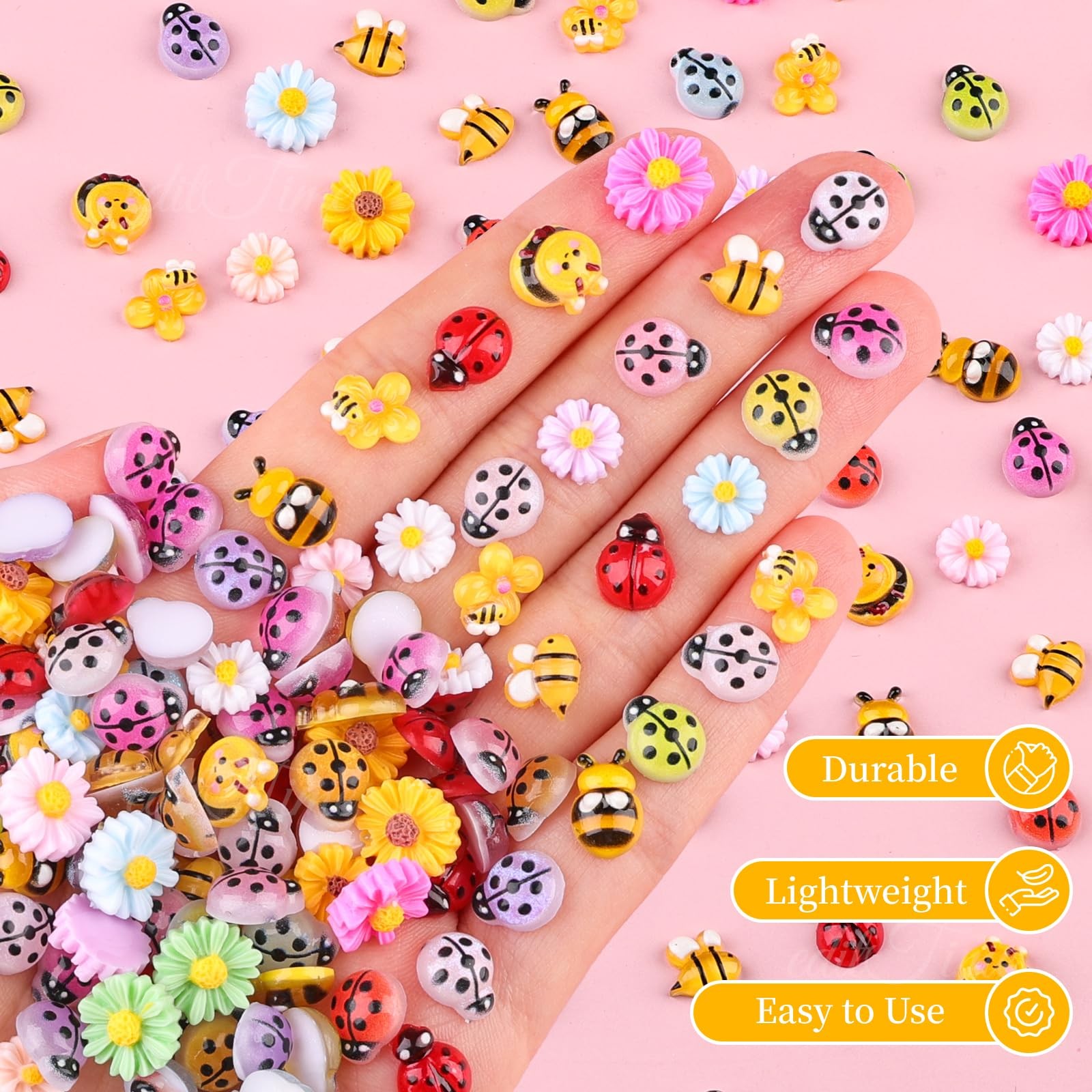 250Pcs Ladybug Nail Charms, Tiny Bee Nail Art Charms Resin Cartoon Daisy Flow…