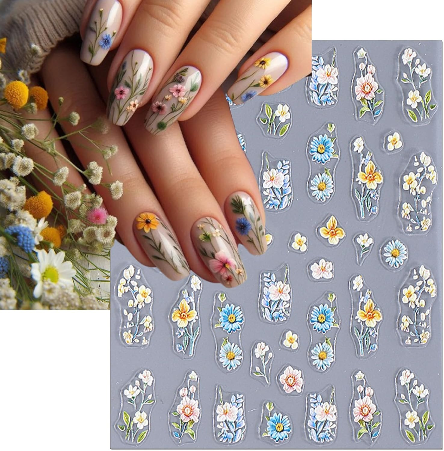Embossed Flower Nail Art Stickers – Daisy Floral Leaf Self-Adhesive 5D Nail Deca