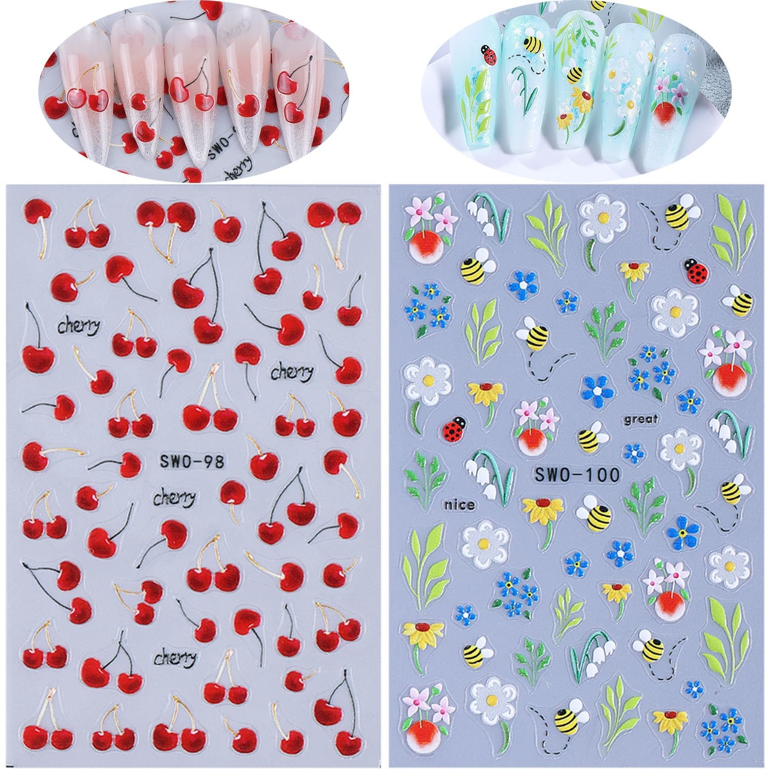 2 Sheets Embossed Fruit Nail Stickers for Nail Art Self-Adhesive Cherry 5D Na…