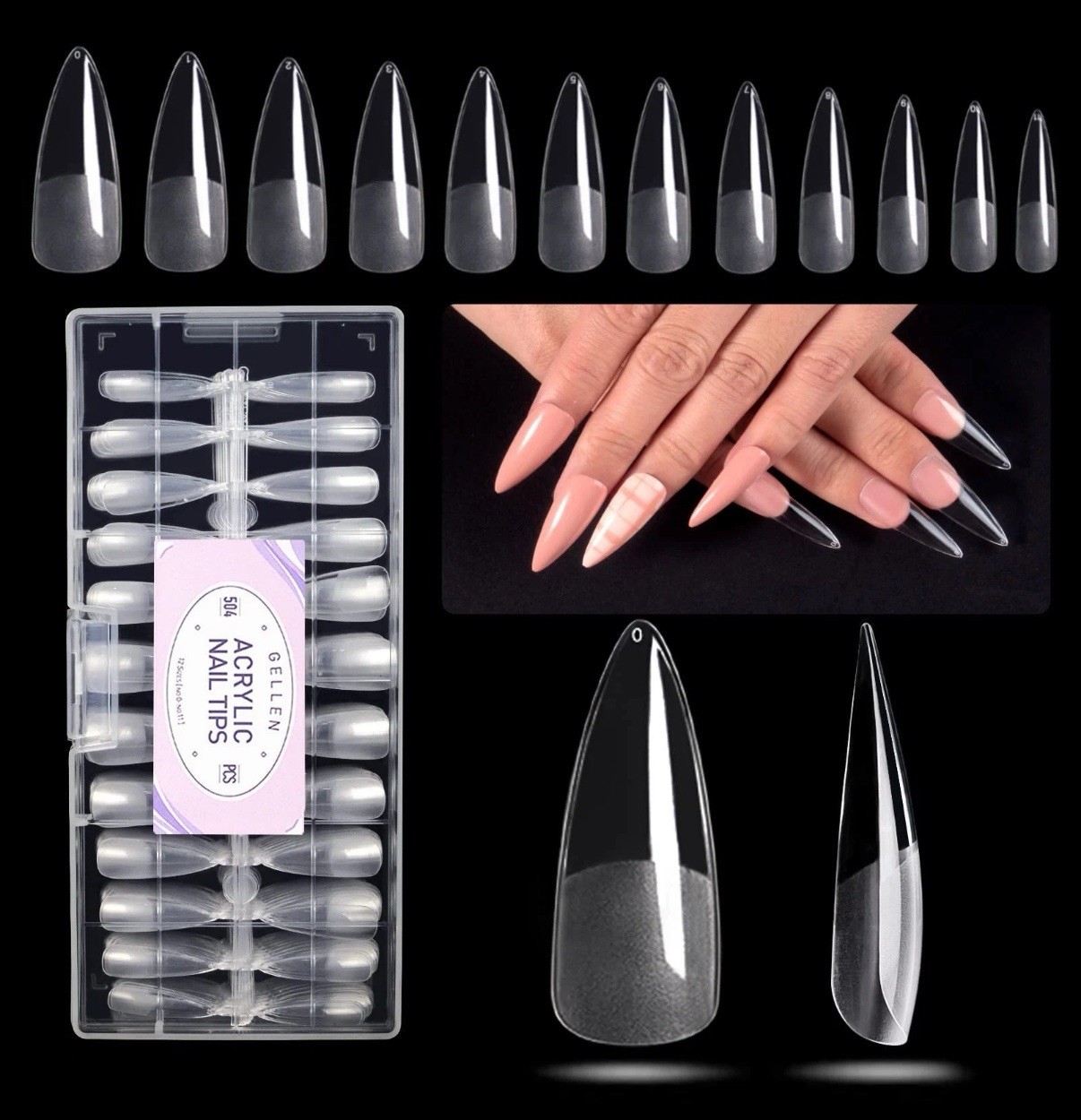 Gellen Stiletto Fake Nails 504Pcs Nail Tips, Acrylic Nail Kit 12 Sizes New Read