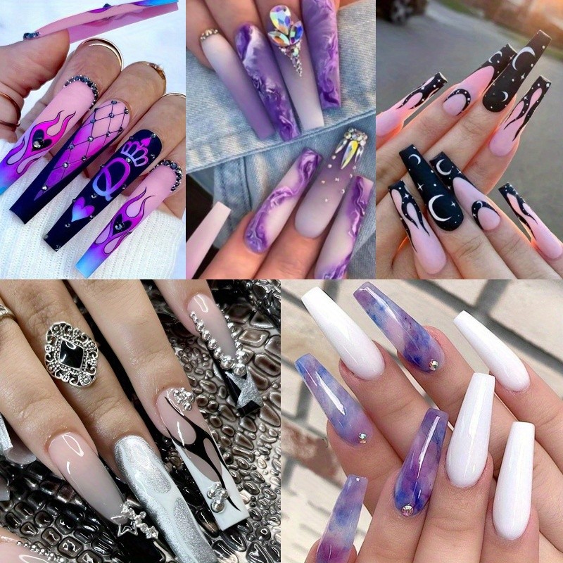 120PCS (5 Pack) Long Press On Nails Starry Sky Gradient Y2K Trendy Fake Nails