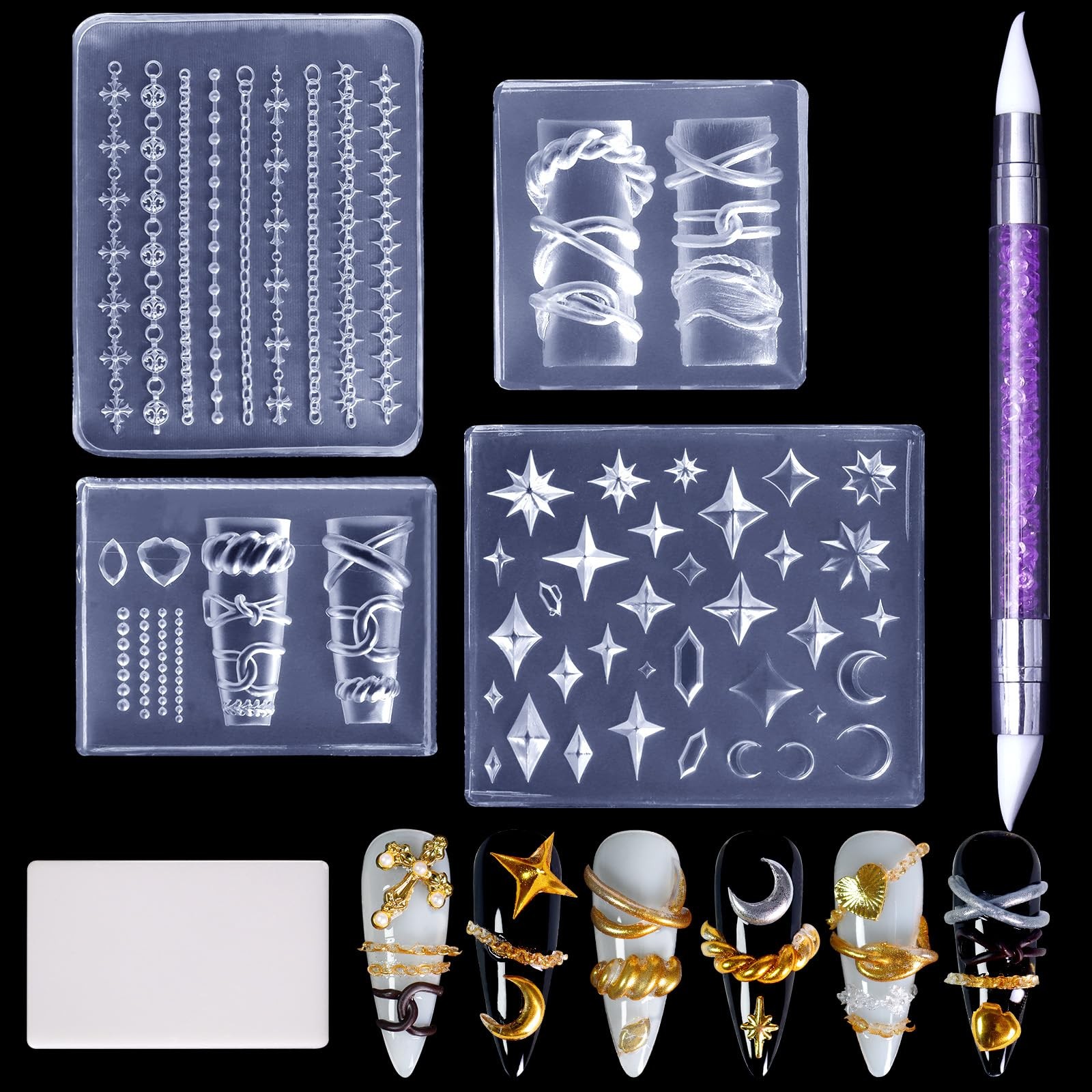 4pcs 3D Chain Silicone Nail Molds, Multiple Shapes Necklace Nail Molds
