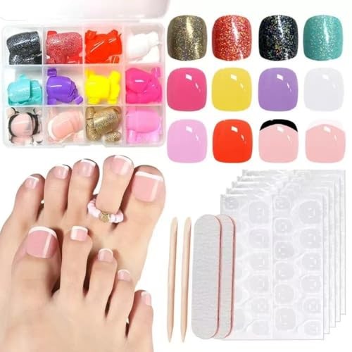 288 Pcs Short French Tip Press on Toenails, 12 Colors Square Normal Style07
