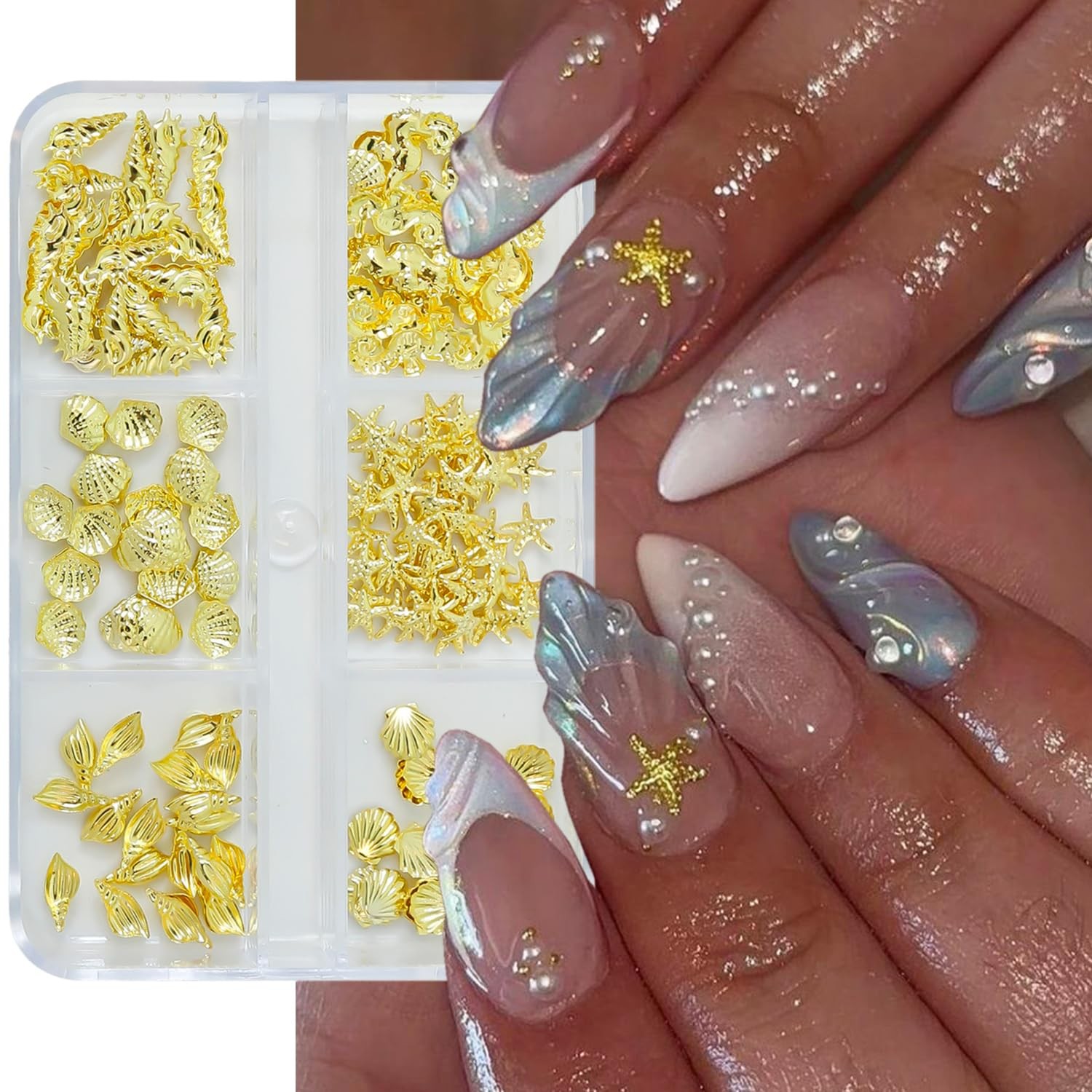 6 Grids Beach Nail Charms Gold Conch Shell Nail Rhinestones 3D Conch Seahorse…