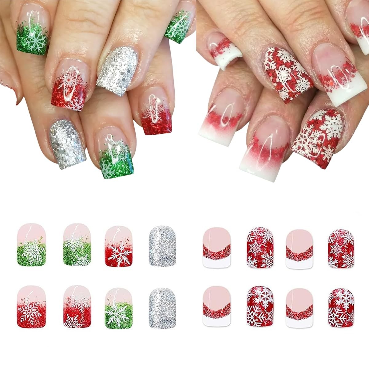 2 Packs 48Pcs Christmas Press on Nails Short Square Fake Nails Red Green Glit…