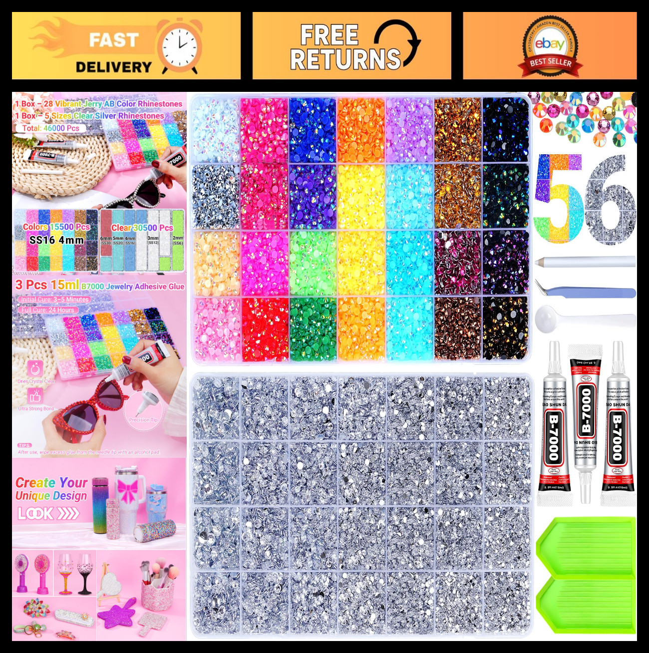 46000 Pcs Multicolor Jelly Rhinestones & Silver Flatback Gems for Crafting Kit,
