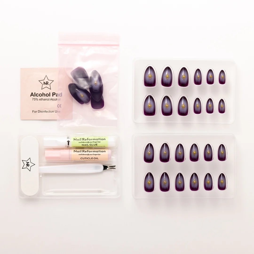 Nail Reformation Press On Nails Almond Violet Star Design 32 Nails