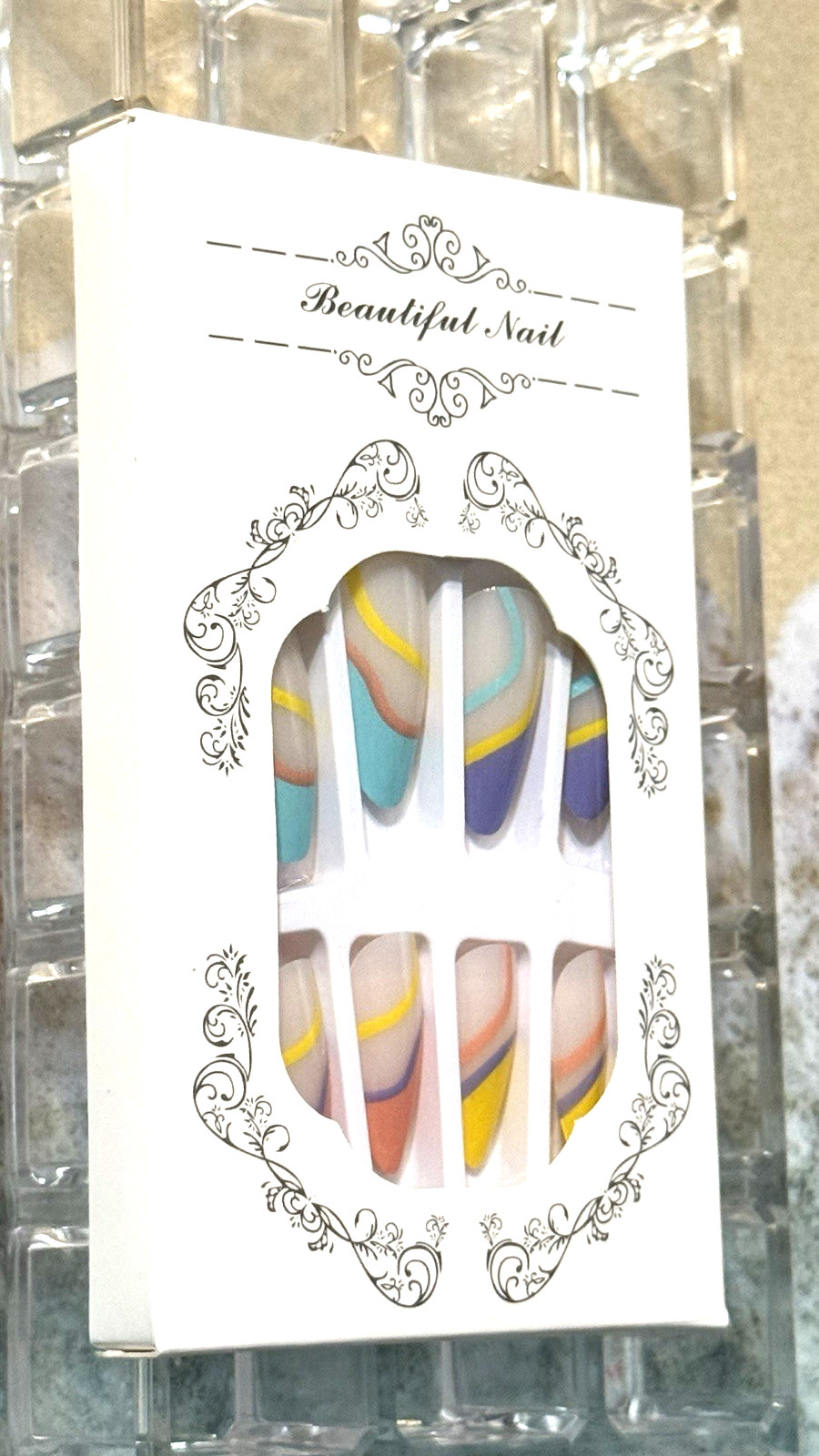 Beautiful Nail MILKY WHITE FRENCH with COLORFUL SWIRLS Press On Mani Long Almond