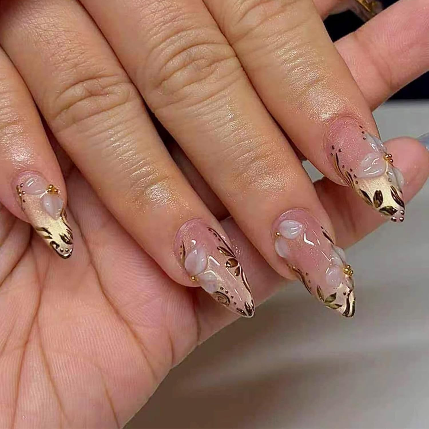 Gold Press on Nails Short Square Nude Fake Nails with Chrome Gold Foil Leaf Desi